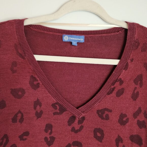 Democracy 1X Animal Print V-Neck Long Sleeve Sweater Burgundy 100% Cotton - Picture 3 of 10